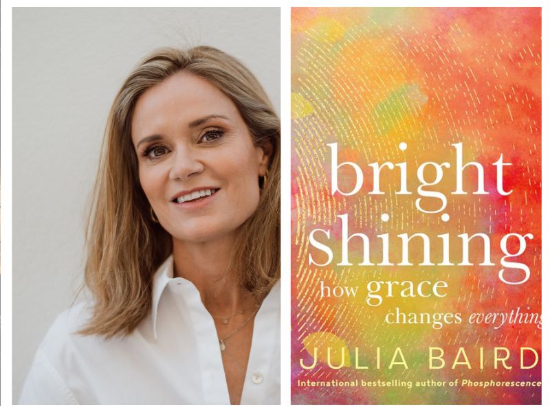 Bright Shining. Image is a colour headshot of a smiling woman with shoulder length brown hair and an open necked white blouse. On the right is a yellow and orange abstract book cover.