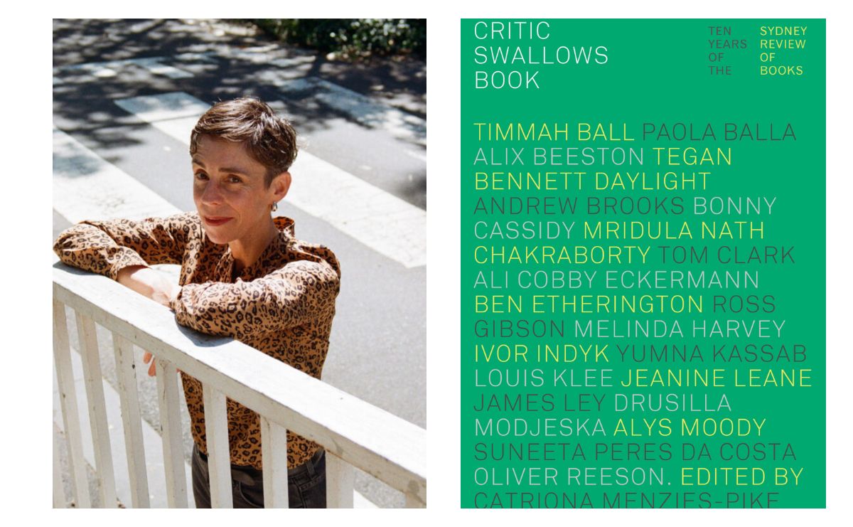Sydney Review of Books. Image is an author shot on the left, a woman with very short dark hair outside leaning on a white fence, and on the right a green book cover filled with authors' names.