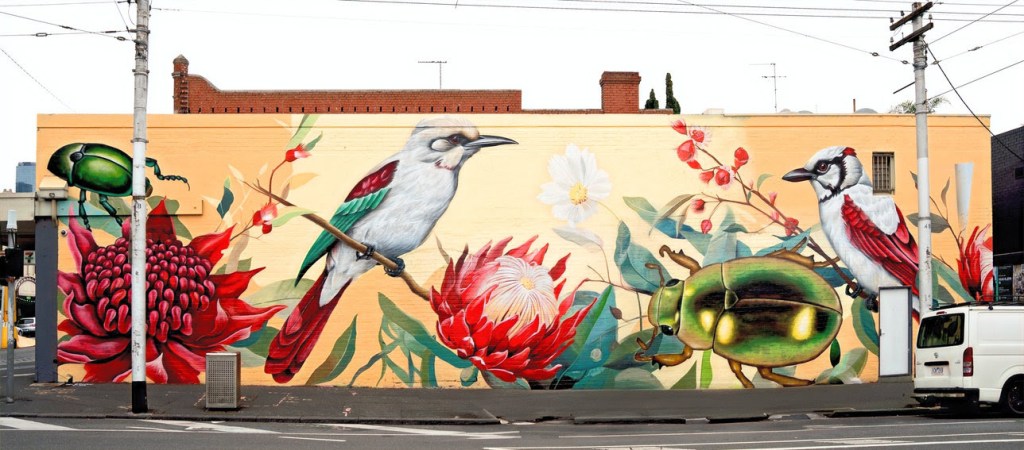 A mural featuring a Christmas Beetle on the side of the 7-eleven on the corner of Errol St and Queensberry St, North Melbourne, made by Blender Studios.