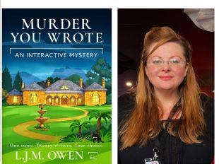 crime fiction. Image is author headshot on right of woman with long chestnut hair and glasses, and on the left an illustration of a country house and green lawns with a meandering driveway leading to the house.