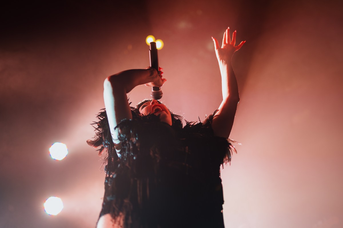 Bernie Dieter's Club Kabarett. A woman in black feathers against a hazy spotlit backdrop throws her head back while stretching up her arms and singing into a microphone.