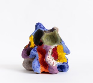 Amelia Lynch, ‘Marramarra’, 2023, glazed ceramic (Finalist 2023). Image is a multicoloured curiously shaped piece of small sculpture. Climate Change, Trent Jansen