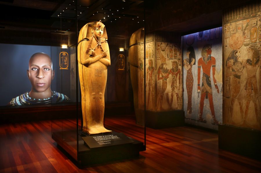 museum blockbusters 2024. Installation view of coffi of Ramses the Great from Ramses and the Gold of the Pharaoh exhibition at Australian Museum, Sydney.