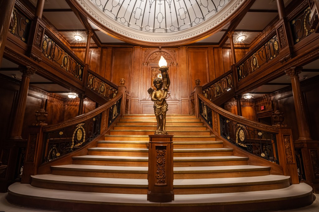 Titanic. Image is of a replica grand staircase from the ill-fated Titanic passenger ship, on display at Melbourne Museum.