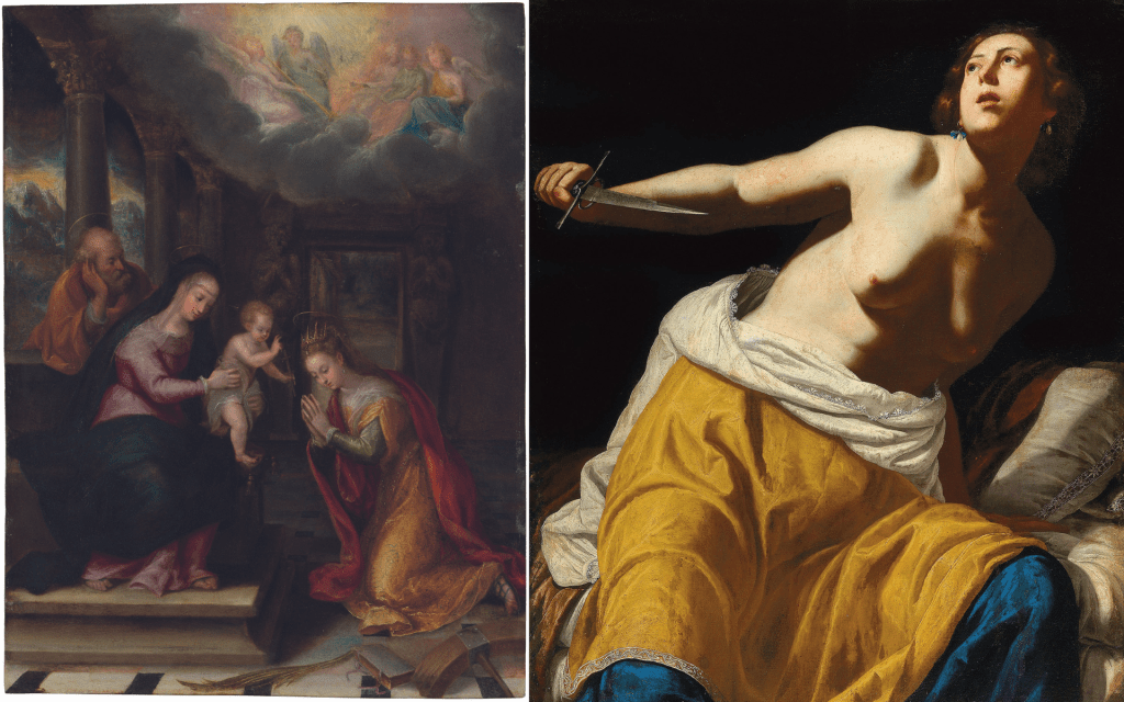 Left: Lavinia Fontana, ‘Mystic marriage of Saint Catherine’, 1574-77 oil on copper. NGV, Felton Bequest, 2021. Image: Supplied. Right: Artemisia Gentileschi, ‘Lucretia’, c.1630-35 oil on canvas. Private collection. Image: Supplied.