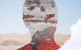 Jahkarli Felicitas Romanis, ‘Burnt’ (cropped) as part of ‘Dis(connected) to Country’. Photo: Supplied. A photographic work showcasing the portrait with no facial features, overlayed with the red desert landscape.