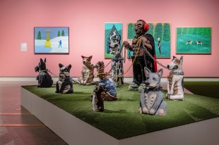 Group of dog sculptures in gallery with pink walls. Ngununggula