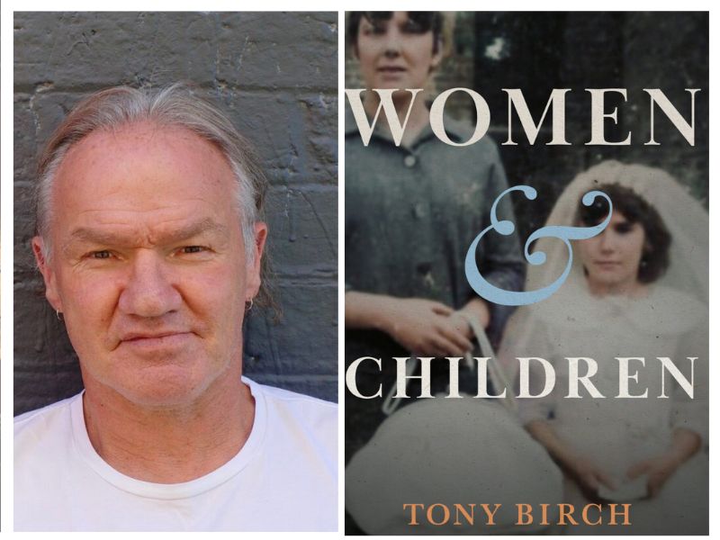 Women & Children. Image is on the left a grey haired man in a white t-shirt and on the right a book cover with a woman in a hat and coat, 1960s style, standing next to a young girl in a confirmation outfit.