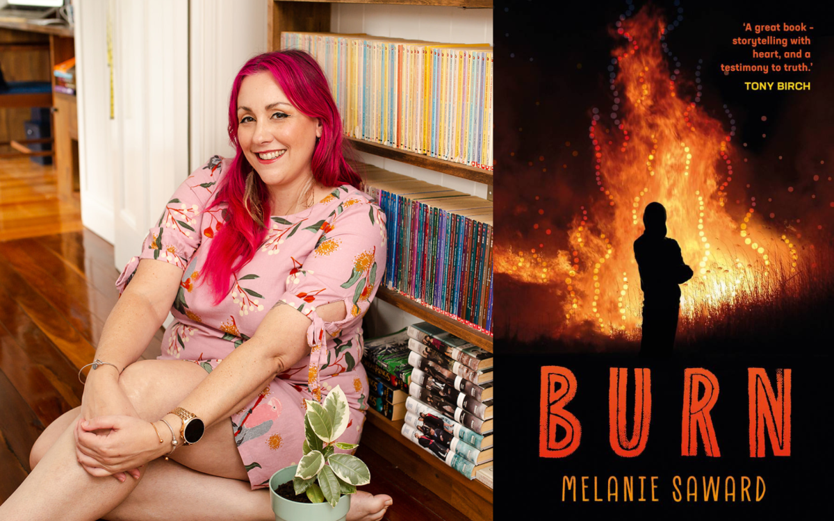 Photo: Jill Kerswill. Left: Photo of Melanie Saward, a woman with light skin and bright pink hair sitting with her hand across her lap, wearing a floral pink dress. In the background is a shelf filled with books. Right: Cover of 'Burn', depicting a shadow of a boy standing against a large flame.