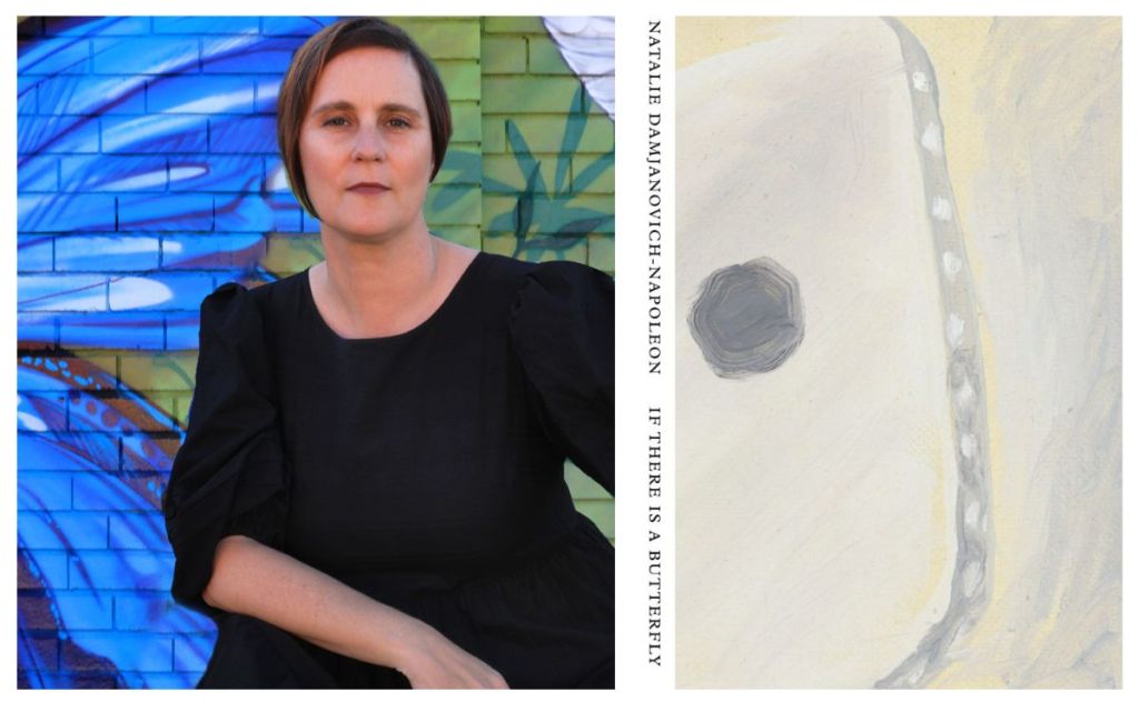 If there is a butterfly that drinks tears. on the left is an author's shot of a woman with short brown hair dressed in black and holding her arm in front of her. There is a blue and green backdrop. On the right is a book cover with an abstract pale image of a vertical line and large grey dot.