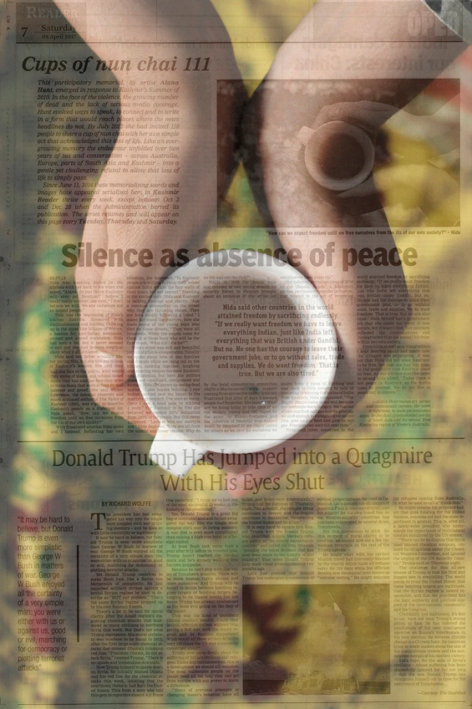 Alana Hunt, ‘Cups of nun chai’, 2010-20. Image: Supplied. A collage overlay with the page of a newspaper against a hand holding a cup of chai that is slightly transparent. 