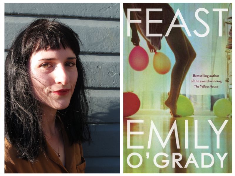 Feast. Image is author's headshot on left, a woman with long dark hair, a fringe and red lipstick, looking at the camera three-quarters on. On the right is a book cover with a pair of bare legs against a net curtain and balloons