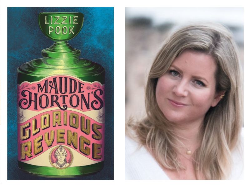 Maude Horton's Glorious Revenge. Left hand image is a book cover illustration of a large green flask with the book title on the label, right hand image is a young blonde woman with long hair wearing a white top and tilting her head to the right while smiling at the camera.