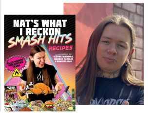 Nat's What I Reckon. Book cover of recipe book with cheeky, long haired cook in a black T shirt and with a nose ring, pierced lower lip and neck tattoos, and the same author's headshot on the right.