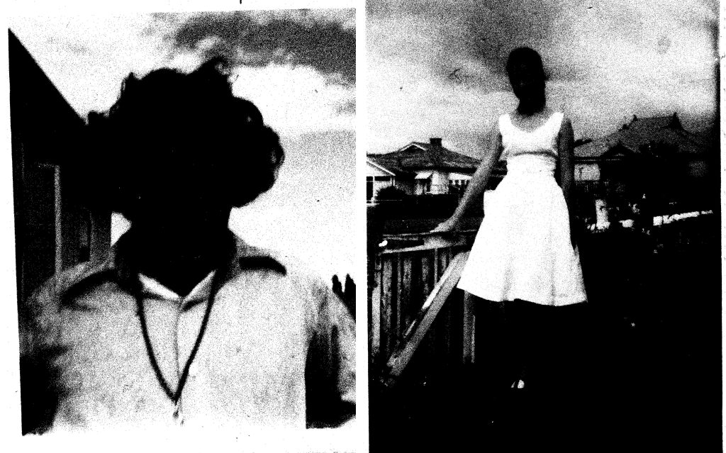 Archie Moore, ‘Fredrick Noel Clevens and Valerie Jean Moore’ in ‘kith and kin’, 2024. Found photograph, Australia Pavilion, Venice Biennale 2024. Graphic design Žiga Testen and Stuart Geddes. Image: Courtesy of the Artist and The Commercial. © the artist Heavily edited old photographs with high contrasts of black, grey and white. On the left is a figure taken from the chest up, whose head is completely blacked out. On the right is a full body portrait of someone wearing a white dress, the head also completely blacked out, standing against a suburban landscape.