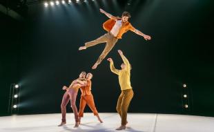 Australian circus: four circus performers on stage. Two of them are positioned underneath one who is flying through the air, and one is ready to catch the leaping performer.