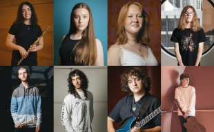 2024 Accelerando cohort, from L to R, Top to Bottom: Claire Darrigan, Kat Dunshea, Georgia Sustenance, Thomas Dower, Bodhi Trebilcock Taylor, Gus Crannaford, Raiyan Galvin and Courtney McMullan. Photo: Cameron Jamieson. Portrait photos of the eight Accelerando participants.