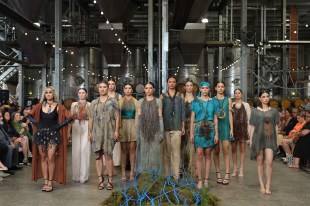 GIRP 'Ancetral Bloodlines' fashion show 2024. Photo: Supplied. A group of First Nations models wearing designs with organic fibres and natural materials in an industrial space.