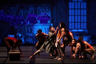 The Jungle Book Reimagined. Image is a group of actors on a stage with a backdrop lit blue. They are stretching and crouching, playing jungle animals.
