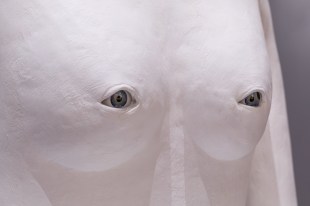 Close up of artwork of a white female chest, with eyes in the place of nipples.
