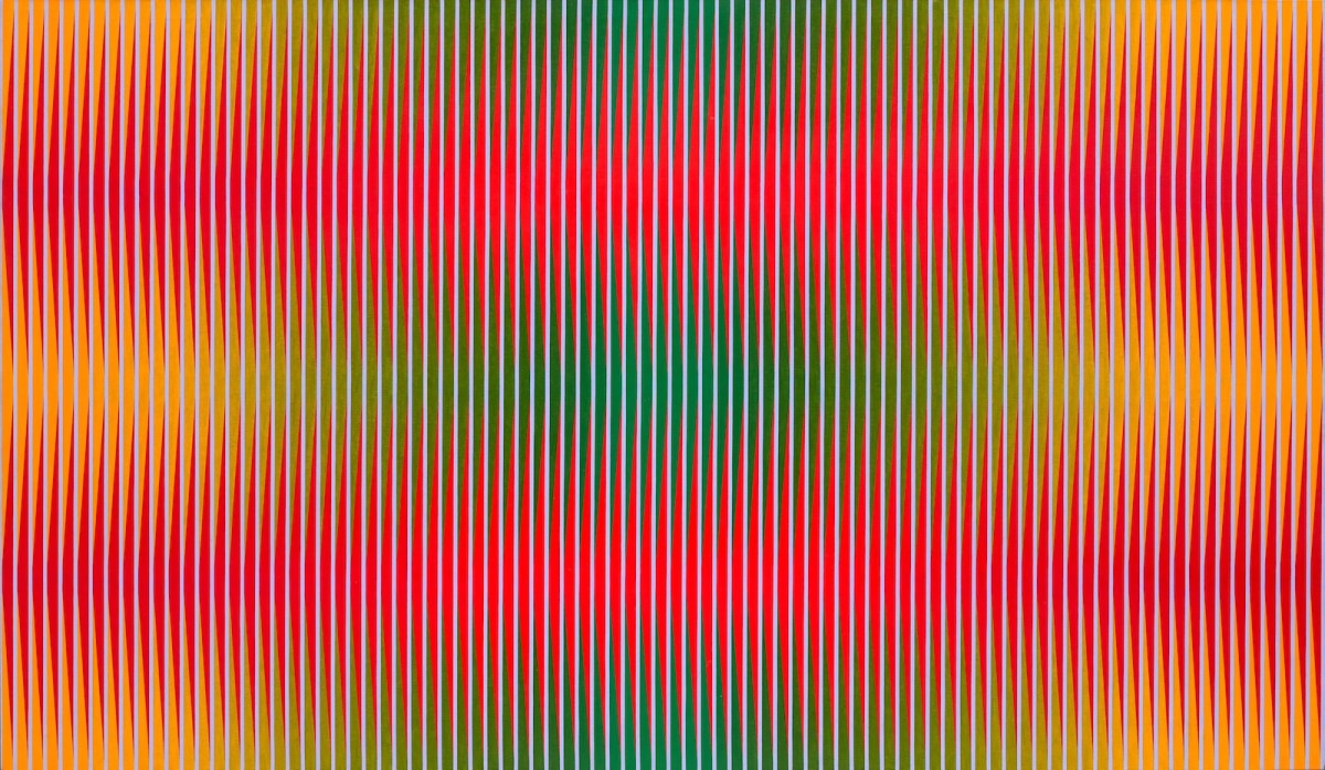 Abstract painting in reds and yellow and green. Lesley Dumbrell.
