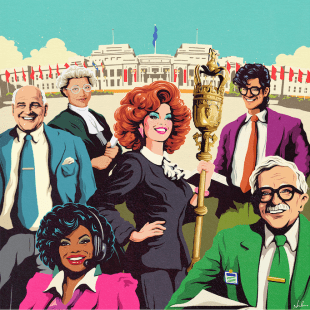 An 80s-style illustration of influential figures in Australian democracy in front of Old Parliament House in Canberra.