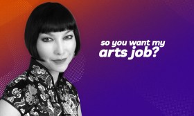so you want my arts job. Woman with slick bob hairstyle and fringe looks out to audience.