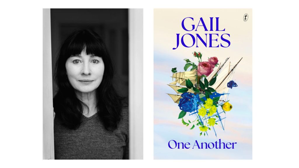 Two panels. On the left a black and white portrait of author Gail Jones, a woman with long dark hair and a fringe. Right: cover of her book 'One Another'.