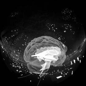 Dome Under Film Festival, Scienceworks. Image is an abstract swirling image with a brain like central figure surrounded by tiny figures.