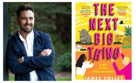 The Next Big Thing. Image on the left is an author shot from the waist up of a smiling bearded man with dark hair, wearing an open necked white shirt and dark jacket, with crossed arms. On the right is the book cover which has the title in big pink upper case letters over an orange and yellow illustration of a boy and a girl holding up the letters of the title, with some Australian big things in the background - a Merino sheep, a pineapple and a prawn.