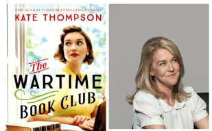 The Wartime Book Club. Image on the left is a book cover with a picture of a 1940s woman in a yellow jumper. On the right is a colour author image of a woman in a white short sleeved blouse with mid length blonde hair and a side parting. She is smiling ruefully off to the right.