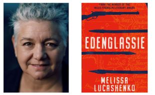 Edenglassie. Picture on left is a headshot of a smiling middle aged woman with short grey hair brushed back. On the right is an orange book cover decorated by vintage rifles and spears.