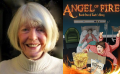 Reading. On the left is an headshot of a smiling middle-aged woman with a white collared jumper and a white/blonde bob with a fringe. On the right is a book cover with the title Angle of Fire, and an illustration of a person in a hospital bed with a plaster cast on their leg and a breathing mask. Another person is falling/flying downwards in pyjamas. And a third can be seen from behind sitting in a seat at the bottom of the frame.