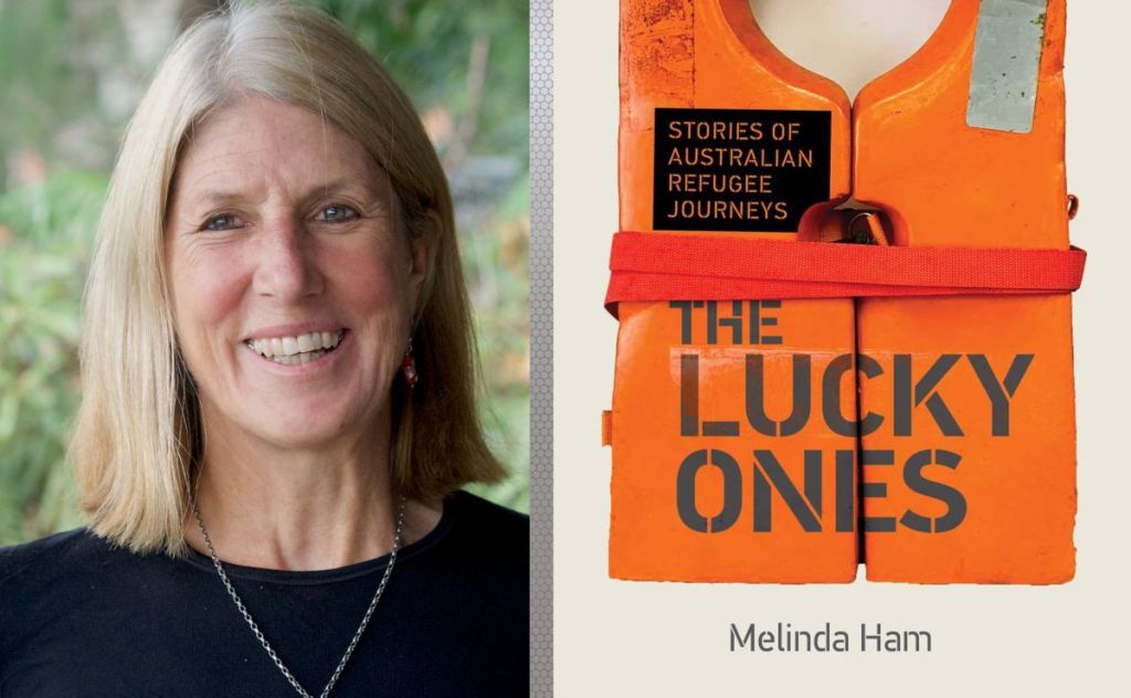 The Lucky Ones. On the left is a headshot of a smiling woman in a black top with shoulder length blonde hair. On the right is a book cover with the title across an orange life jacket.