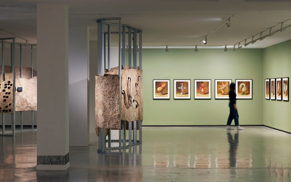 Installation view, 'Primavera 2023: Young Australian Artists', MCA Australia, Sydney 2023. Photo: Zan Wimberley. A spacious gallery with a single visitor dressed in black in thge far corner. An installation of rustic-looking sheets installed on a metal frame can be seen on the left, and a series of medium-sized paintings line the pistachio-coloured walls on the right.