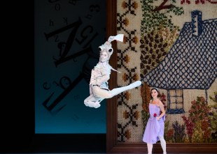 A ballet dancer dressed in a white frog costume is in mid air with his legs kicking out behind him. On the stage is Alice, with shoulder length dark hair, wearing a purple dress and carrying a red rose. Behind them is an image of a cottage on a wall hanging; it looks embroidered.