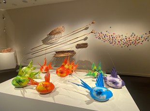 Exhibition view of Torres Strait Islands culture with colourful fish made from coconuts