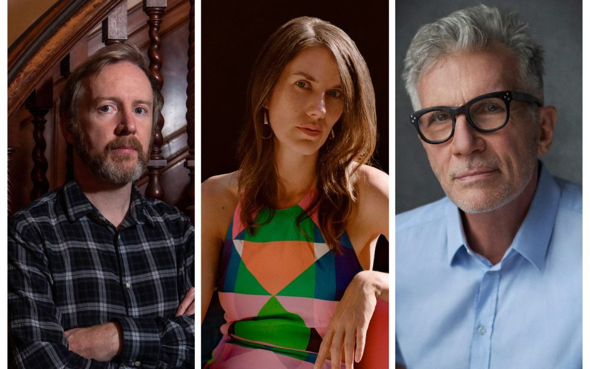 Upcoming speakers at Melbourne Writers Festival. L to R: Paul Murray, Leslie Jamison, Michael Cunningham. Photo: Supplied. On the left is a Caucasian man with greying brown hair and a beard, wearing a checkered shirt and looking slightly stern at the camera. In the middle is a Caucasian woman with brown hair hanging in front of her shoulders, head slightly tiled and wearing a vibrant patterned top. On the right is a Caucasian man with black frame glasses, short grey hair and a small smile, wearing a blue shirt.