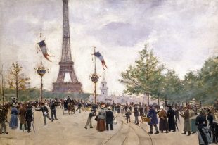 Jean Béraud, ‘The Entrance to the 1889 Universal Exhibition’ 1889, oil on wood. Image: Musée Carnavalet © CC0 Paris Musées/Musée Carnavalet – Histoire de Paris. A painting featuring a bustling scene of people gathering on empty ground with the Eiffel Tower in the distance, poles with French flag and trees. There seems to be excited among the crowd.