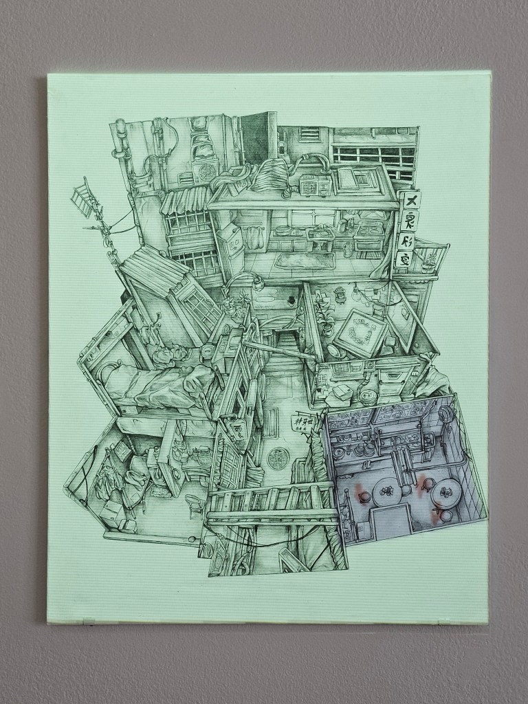 Anne Fo, ‘City of lights’, 2023, installation view at ‘Top Arts 2024’. Photo: ArtsHub. A drawing with a slight green-hue of a complex residential apartment that shows its age. In the bottom right corner is a roo, that appears to be the kitchen with the shadows of three red figures lingering inside it. 