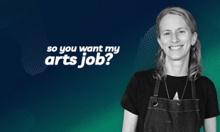 Melinda Schawel. Photo: Supplied. A digitally edited photo of a white middle-aged woman with half-tied back blond hair wearing an artist apron and smiling at the camera. She has been cropped onto a gradient green background with the words 'so you want my arts job?'