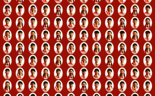 Work from the series 'Cocoon' by Terence Lin, selected for the MAPh 'TOPShots 2024' exhibition. Image: Supplied. A digitally manipulated photographic work featuring a close lineup of oval portraits of Asian youths smiling with their eyes closed and wearing red bow ties with a white shirt. The portraits populate a red background.
