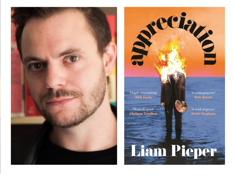 Appreciation. On the left is an author headshot of a young man with a closely shaved beard and moustache and a black round neck top. On the right is an illustration of a person in black holding a painter's palette, against a blue (they are standing in water) and orange backdrop with their head exploding in flames.