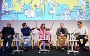 Speakers at Brisbane Writers Festival 2023. Photo: Markus Ravik. Five people sitting on stage with an animated projection behind them. The person in the centre is holding her hands up, with the man on the left gesturing towards her. The rest of the speakers are laughing.