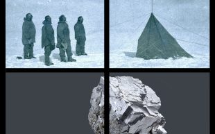 Penelope Cain, 'Ice-told stories of lead and rope' opening at POP. Image (cropped): Courtesy of the artist. Amundsen source material courtesy of the National Library of Australia. An artwork with two separate images spread across four panels. On the top is an archival image of a group of four explorers in a snowy environment looking at a small tent with flats on it. On the bottom is a photo of a silver rock.