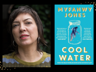 Cool Water. On the left is a head shot of a woman with red lipstick and short dark hair, she is looking slightly defensively at the camera. On the right is a blue book cover of a fish in a jar and the title in yellow.