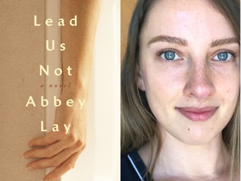 Lead Us Not. Image on left is a book cover in beige of a bare arm reaching round a wall. On the right is a head shot of a young smiling woman with shoulder length hair and blue eyes.