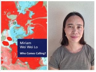 Who Comes Calling? On the left is a red and blue abstract book cover, on the right a head and shoulders author image of a woman of Asian appearance with shoulder length straight black hair parted in the middle and a grey short sleeved T shirt.