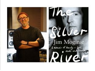 The Silver River. On the left is an author shot of a middle-aged man wearing glasses and a black jumper, with a red beanie and grey beard with arms folded. He is standing in front of a panel in a recording studio. On the right is a black and white book cover with a close up of a three men, one in full face, two with just the halves of their faces. They are members of the band Midnight Oil. The book's title is over their faces.