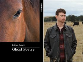 Ghost Poetry. On the left is a book cover with a close-up of a horse's face. On the right is an author image of a young man in a field, with his hands in his pockets and looking off to the right.